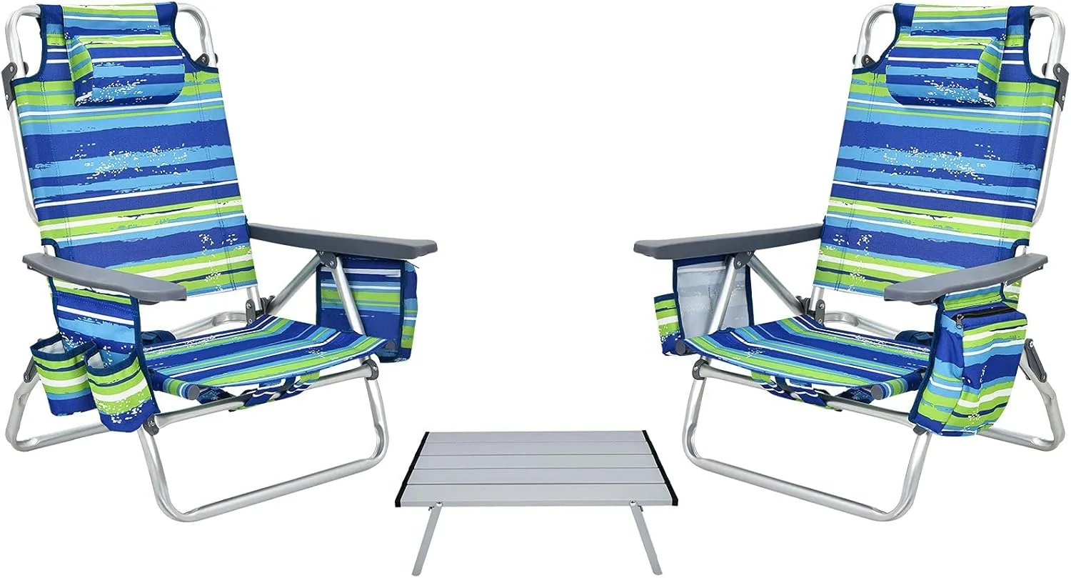 Giantex Folding Beach Chair, Patio Sling Chairs with 5 Adjustable Position, Head Pillow, Storage Bag, Towel Bar, Cup Holders, Backpack Chairs for Sunbathing, Camping Chair