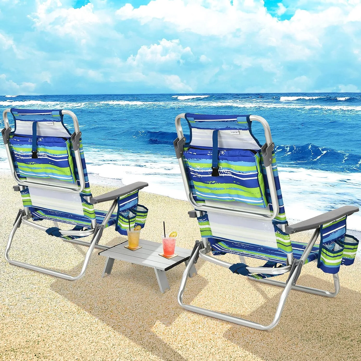 Giantex Folding Beach Chair, Patio Sling Chairs with 5 Adjustable Position, Head Pillow, Storage Bag, Towel Bar, Cup Holders, Backpack Chairs for Sunbathing, Camping Chair