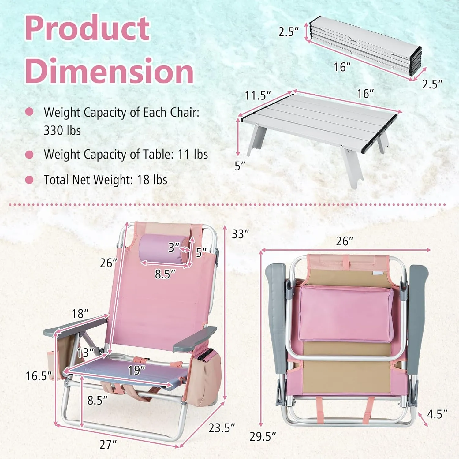 Giantex Folding Beach Chair, Patio Sling Chairs with 5 Adjustable Position, Head Pillow, Storage Bag, Towel Bar, Cup Holders, Backpack Chairs for Sunbathing, Camping Chair