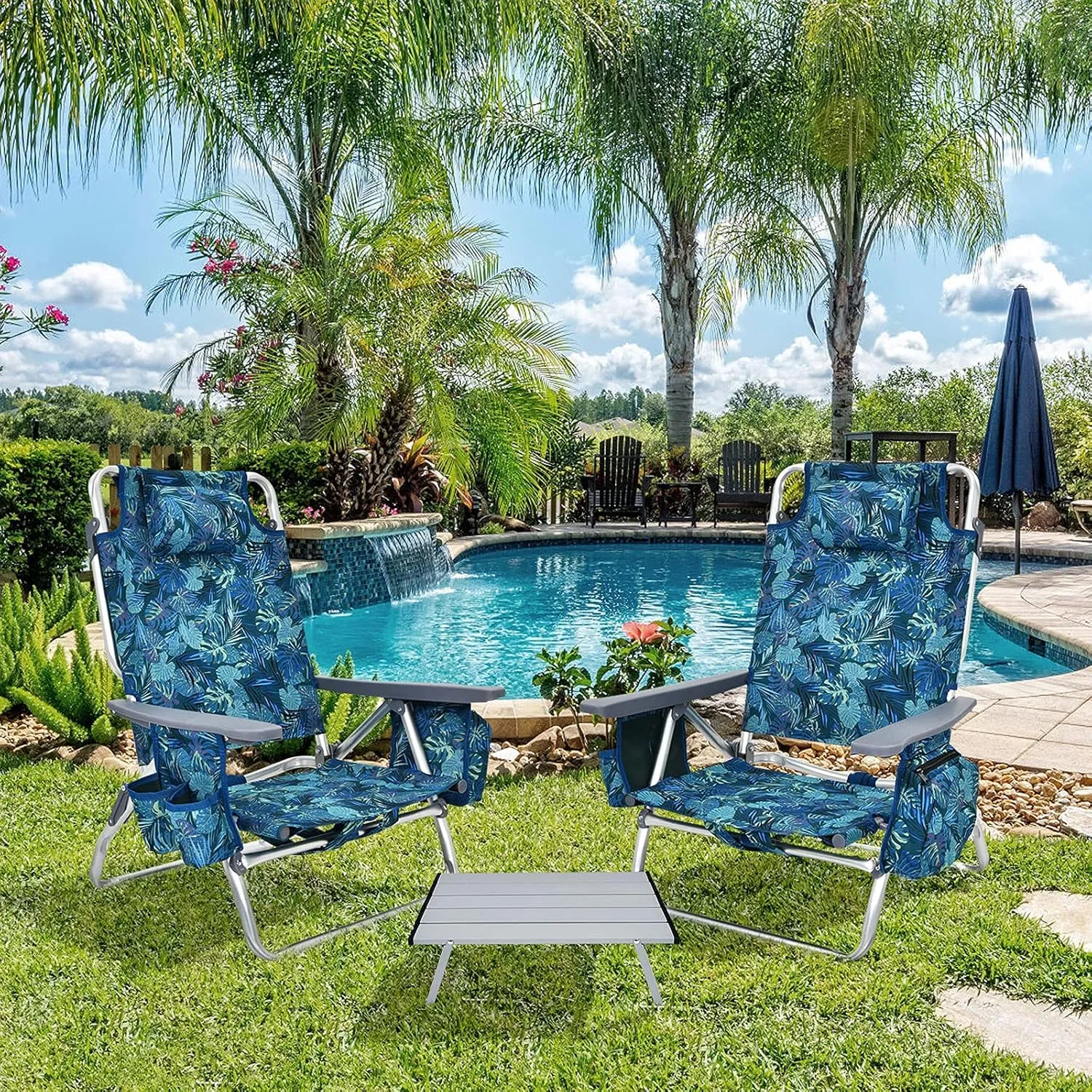Giantex Folding Beach Chair, Patio Sling Chairs with 5 Adjustable Position, Head Pillow, Storage Bag, Towel Bar, Cup Holders, Backpack Chairs for Sunbathing, Camping Chair
