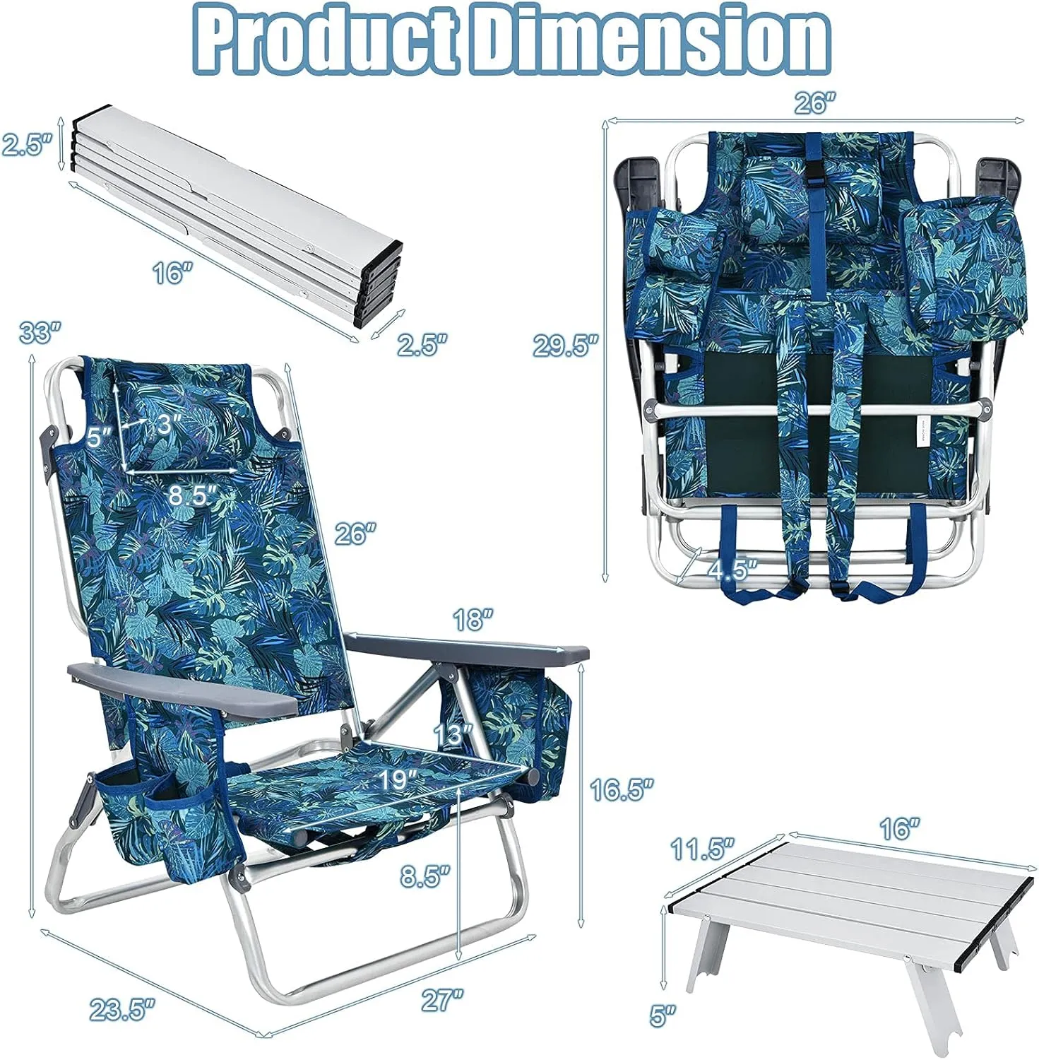 Giantex Folding Beach Chair, Patio Sling Chairs with 5 Adjustable Position, Head Pillow, Storage Bag, Towel Bar, Cup Holders, Backpack Chairs for Sunbathing, Camping Chair