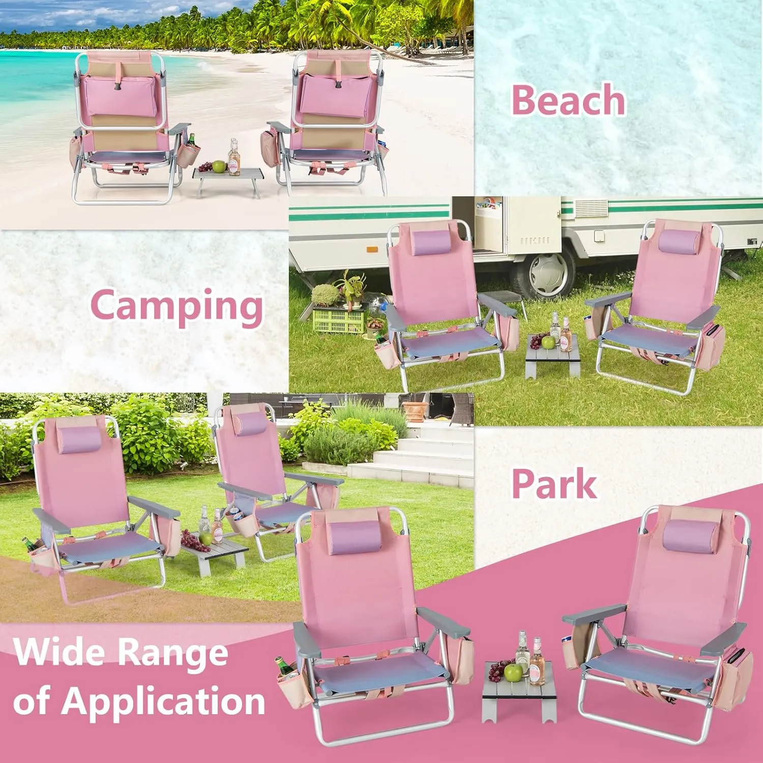 Giantex Folding Beach Chair, Patio Sling Chairs with 5 Adjustable Position, Head Pillow, Storage Bag, Towel Bar, Cup Holders, Backpack Chairs for Sunbathing, Camping Chair