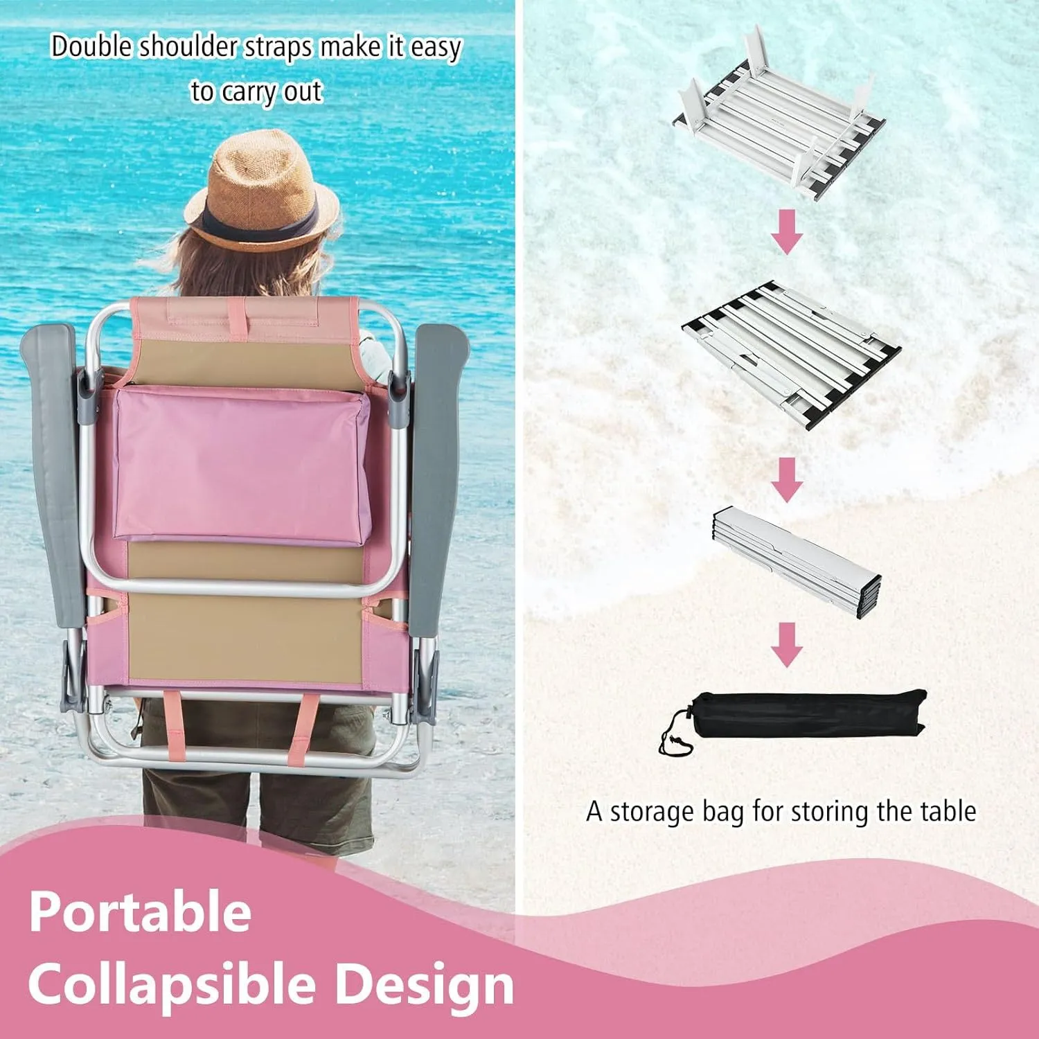 Giantex Folding Beach Chair, Patio Sling Chairs with 5 Adjustable Position, Head Pillow, Storage Bag, Towel Bar, Cup Holders, Backpack Chairs for Sunbathing, Camping Chair