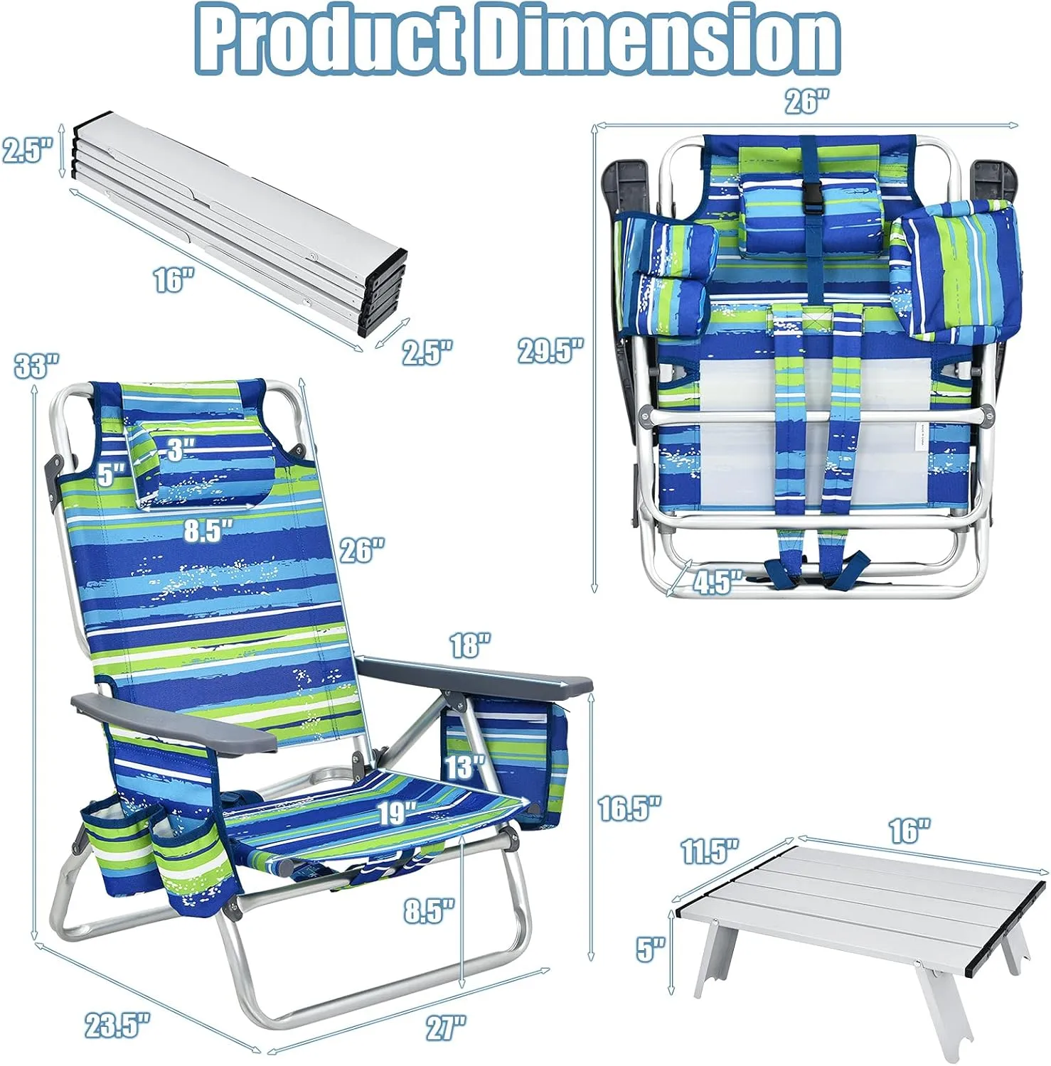 Giantex Folding Beach Chair, Patio Sling Chairs with 5 Adjustable Position, Head Pillow, Storage Bag, Towel Bar, Cup Holders, Backpack Chairs for Sunbathing, Camping Chair