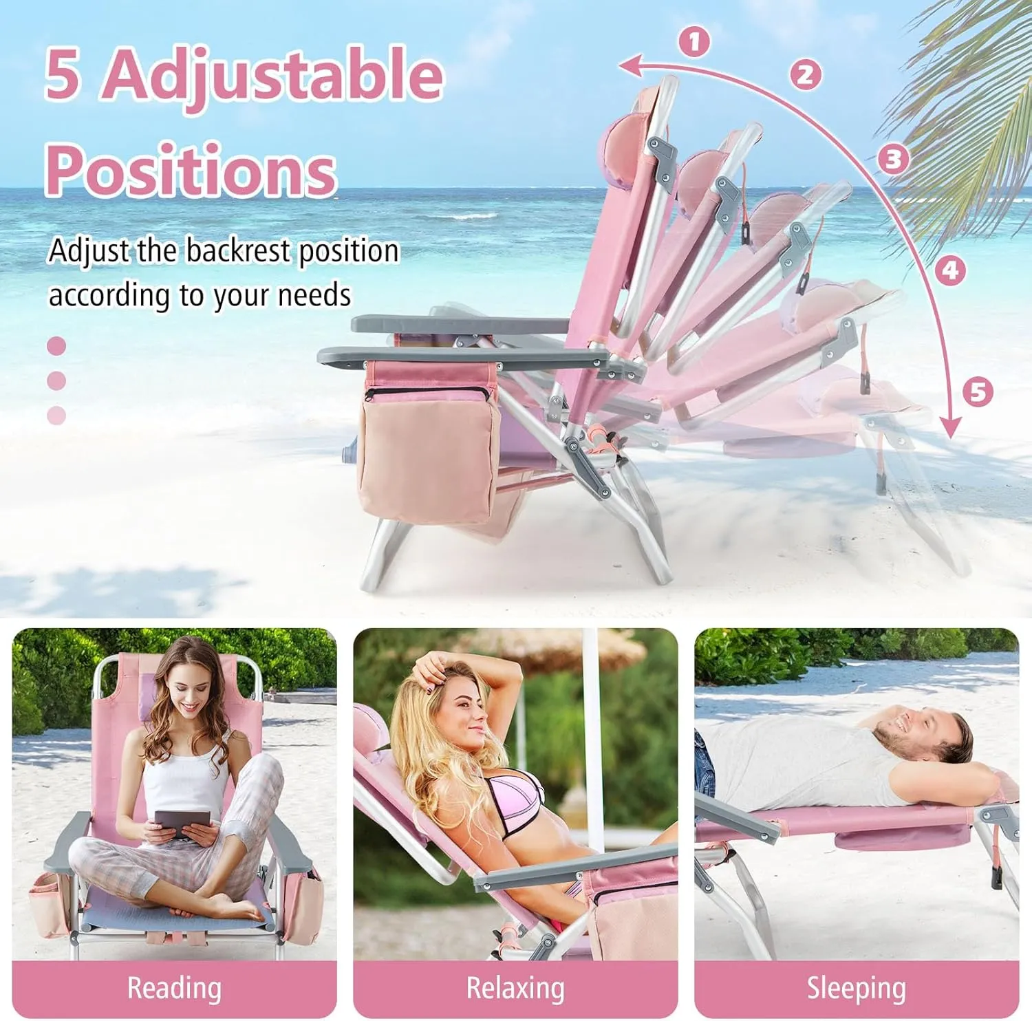 Giantex Folding Beach Chair, Patio Sling Chairs with 5 Adjustable Position, Head Pillow, Storage Bag, Towel Bar, Cup Holders, Backpack Chairs for Sunbathing, Camping Chair