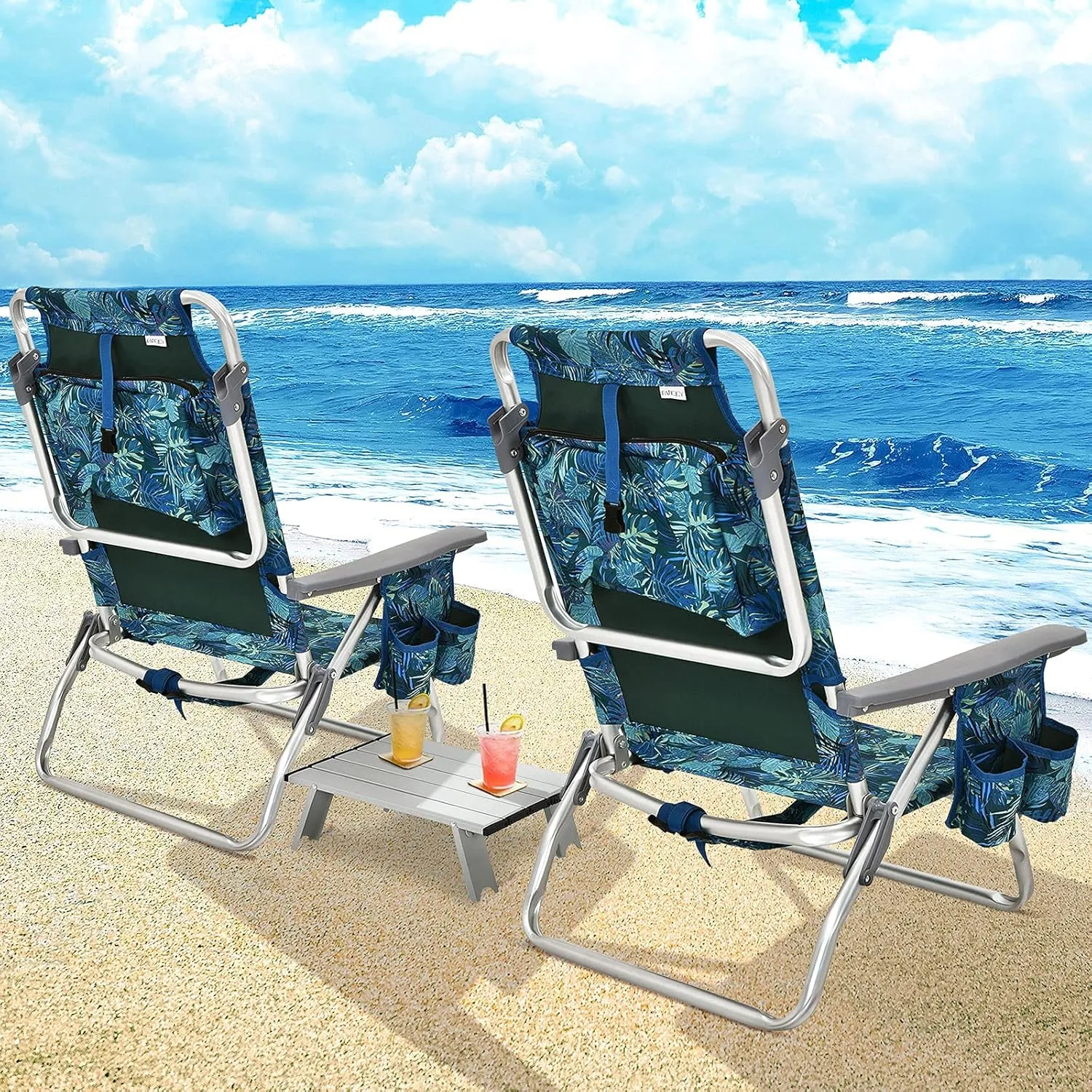 Giantex Folding Beach Chair, Patio Sling Chairs with 5 Adjustable Position, Head Pillow, Storage Bag, Towel Bar, Cup Holders, Backpack Chairs for Sunbathing, Camping Chair
