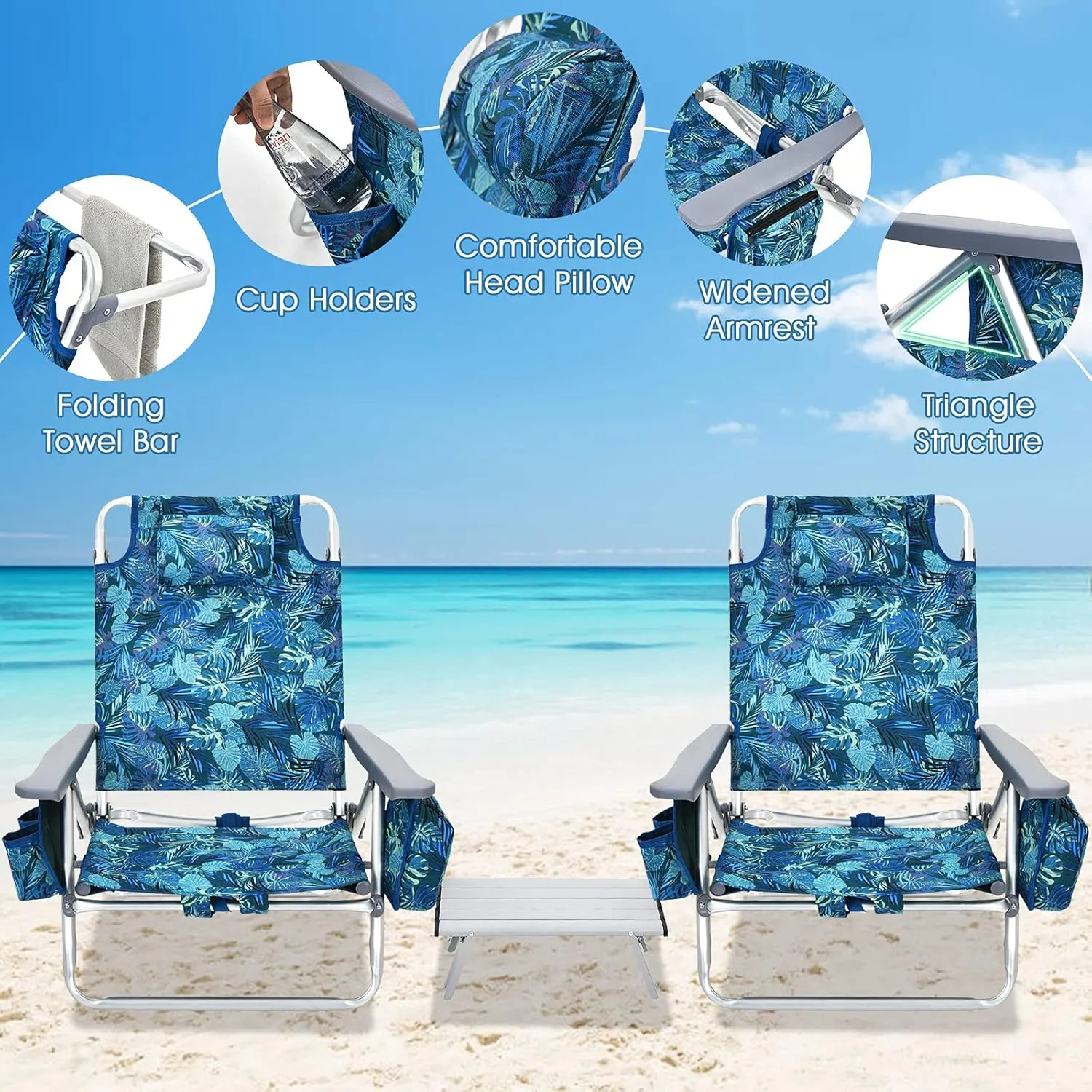 Giantex Folding Beach Chair, Patio Sling Chairs with 5 Adjustable Position, Head Pillow, Storage Bag, Towel Bar, Cup Holders, Backpack Chairs for Sunbathing, Camping Chair