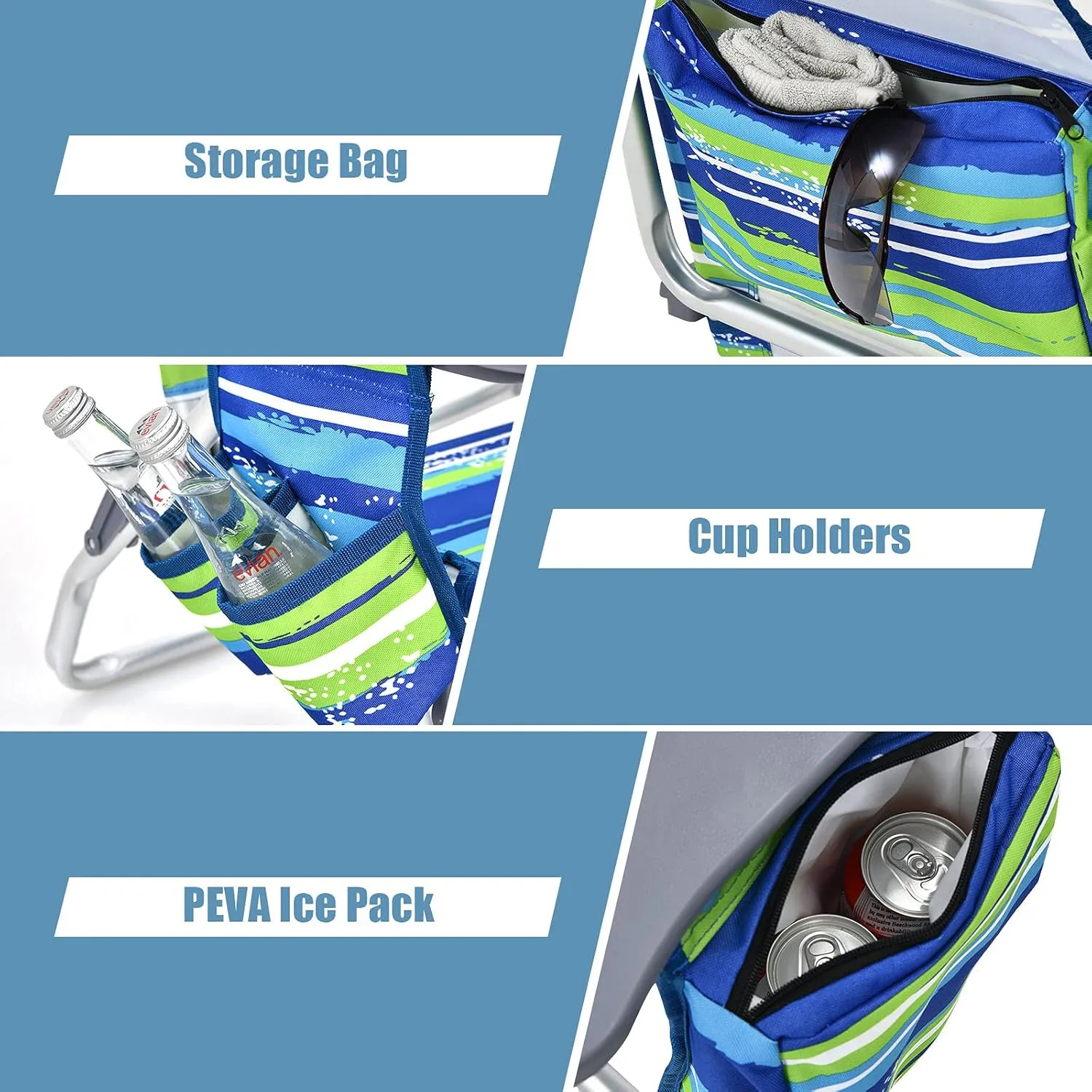 Giantex Folding Beach Chair, Patio Sling Chairs with 5 Adjustable Position, Head Pillow, Storage Bag, Towel Bar, Cup Holders, Backpack Chairs for Sunbathing, Camping Chair