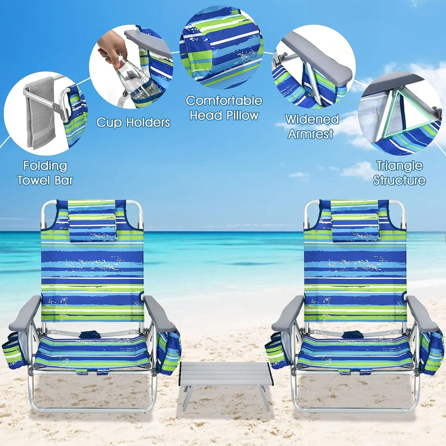 Giantex Folding Beach Chair, Patio Sling Chairs with 5 Adjustable Position, Head Pillow, Storage Bag, Towel Bar, Cup Holders, Backpack Chairs for Sunbathing, Camping Chair