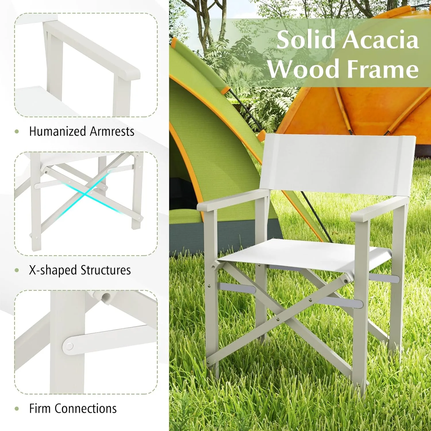 Giantex Set of 4 Folding Director Chairs, Lightweight Patio Camping Chair with Acacia Wood Frame & Oxford Fabric Seat, Portable Indoor Outdoor Chairs for Picnic Dining Fishing, No Assembly