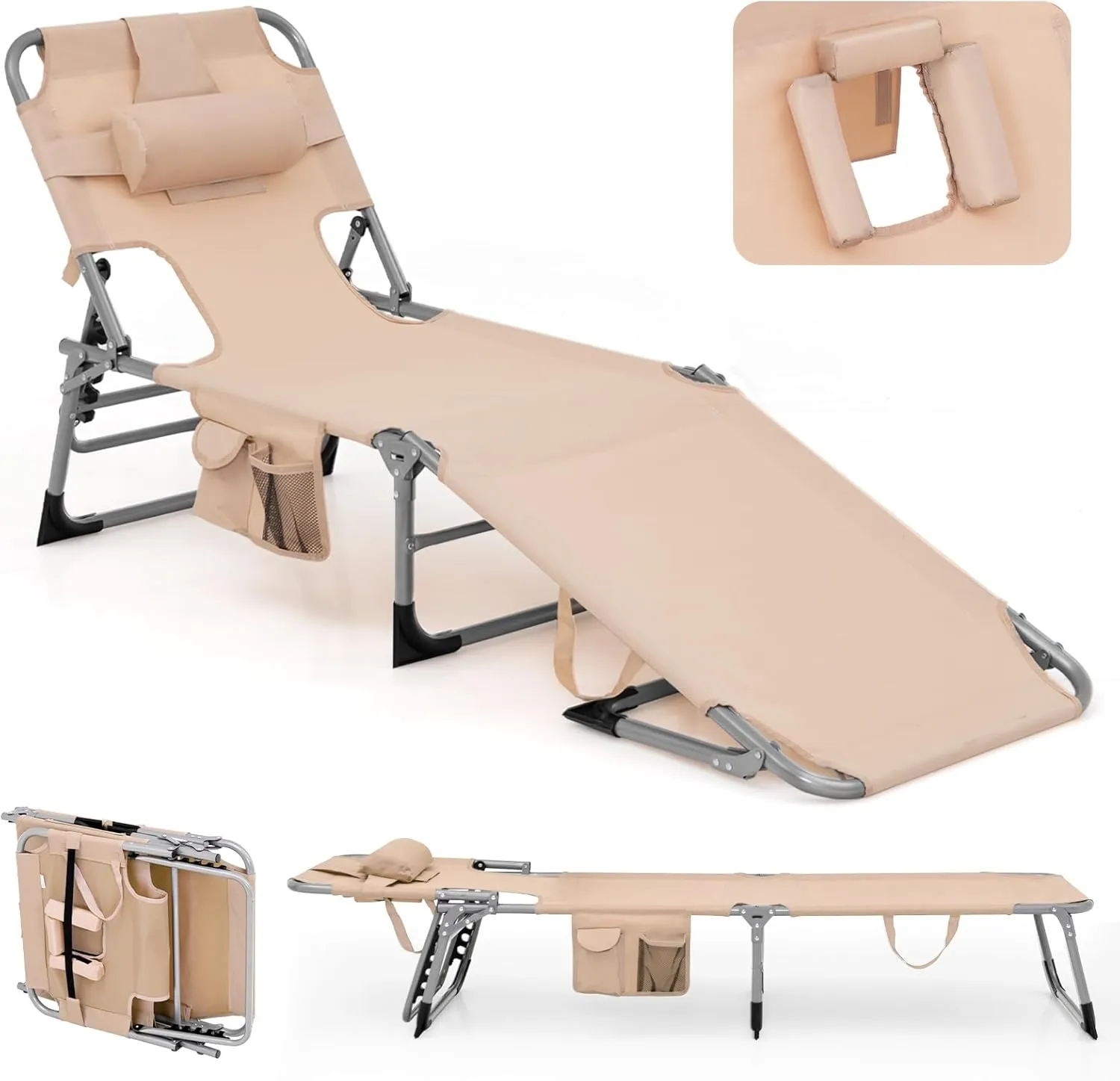 Giantex Tanning Chair, 330lbs Portable Lounge Chair with 5-Position Adjustable Backrest, Face Arm Holes, Side Pocket, Folding Patio Chaise Lounger for Beach, Poolside, Outdoor Sunbathing (1, Beige)
