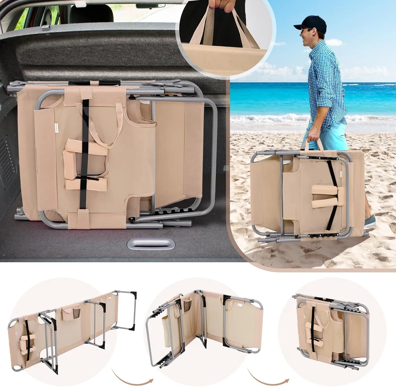 Giantex Tanning Chair, 330lbs Portable Lounge Chair with 5-Position Adjustable Backrest, Face Arm Holes, Side Pocket, Folding Patio Chaise Lounger for Beach, Poolside, Outdoor Sunbathing (1, Beige)