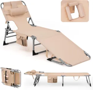 Giantex Tanning Chair, 330lbs Portable Lounge Chair with 5-Position Adjustable Backrest, Face Arm Holes, Side Pocket, Folding Patio Chaise Lounger for Beach, Poolside, Outdoor Sunbathing (1, Beige)