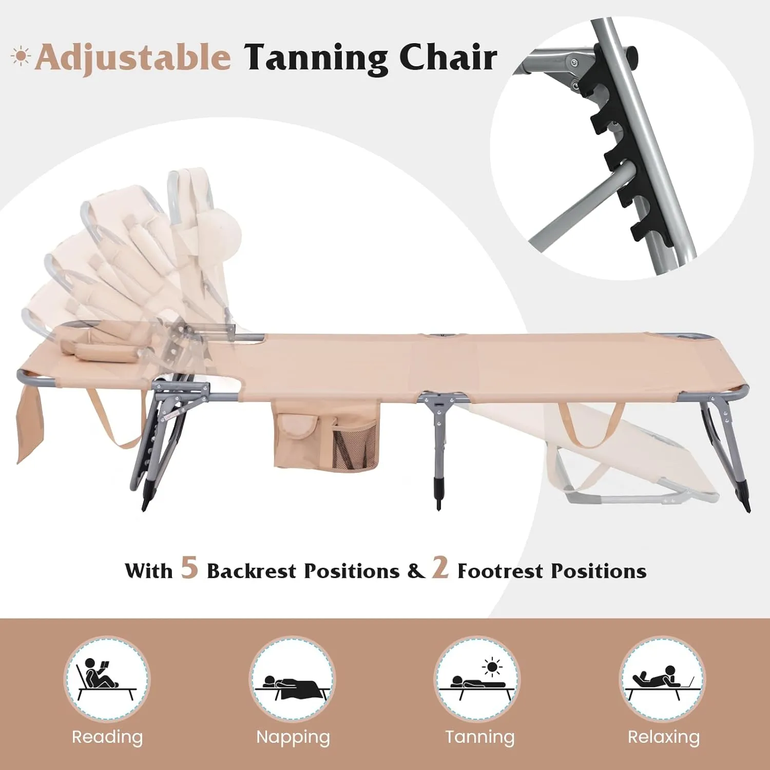 Giantex Tanning Chair, 330lbs Portable Lounge Chair with 5-Position Adjustable Backrest, Face Arm Holes, Side Pocket, Folding Patio Chaise Lounger for Beach, Poolside, Outdoor Sunbathing (1, Beige)