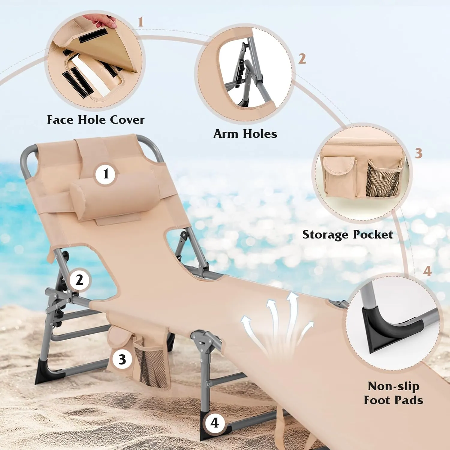 Giantex Tanning Chair, 330lbs Portable Lounge Chair with 5-Position Adjustable Backrest, Face Arm Holes, Side Pocket, Folding Patio Chaise Lounger for Beach, Poolside, Outdoor Sunbathing (1, Beige)