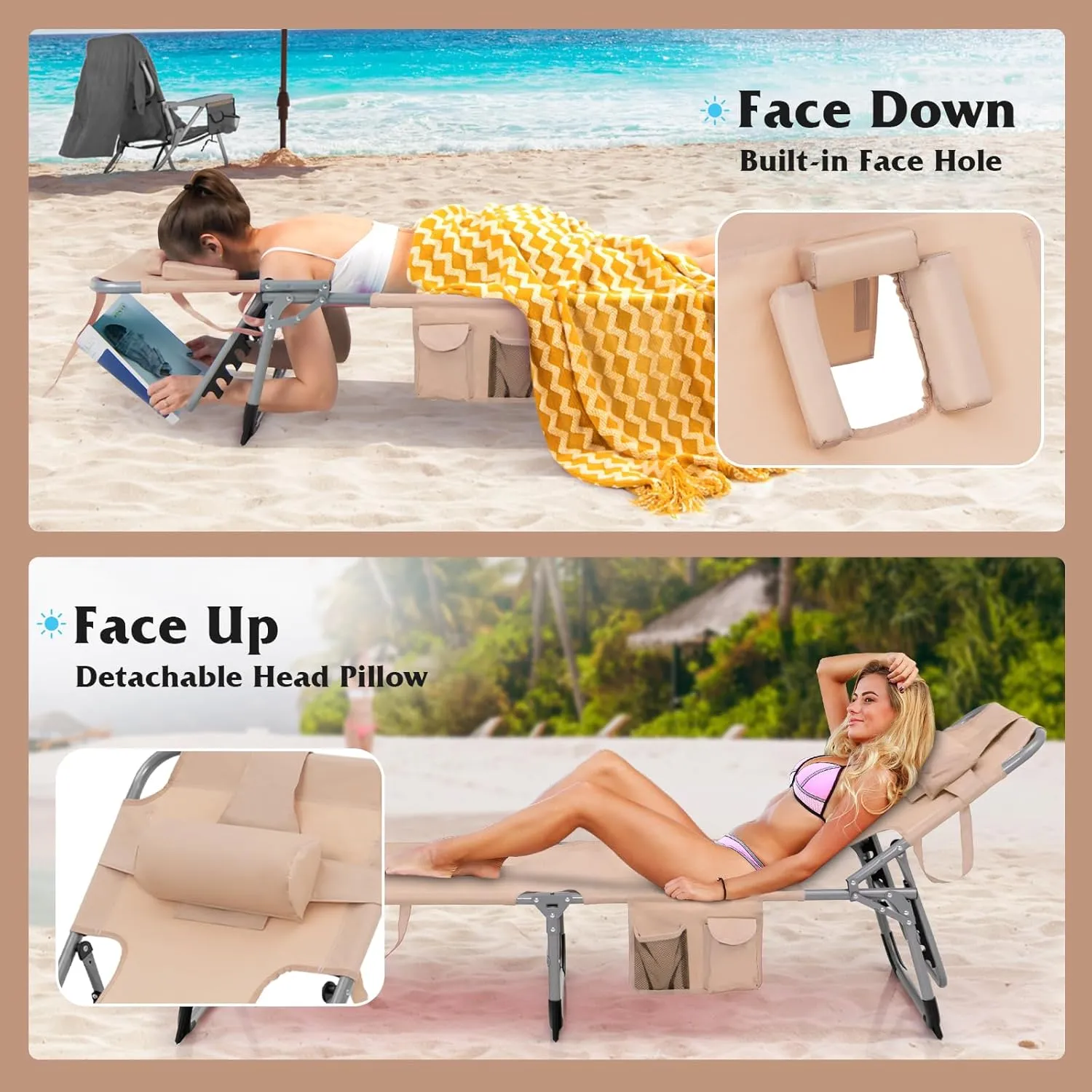 Giantex Tanning Chair, 330lbs Portable Lounge Chair with 5-Position Adjustable Backrest, Face Arm Holes, Side Pocket, Folding Patio Chaise Lounger for Beach, Poolside, Outdoor Sunbathing (1, Beige)