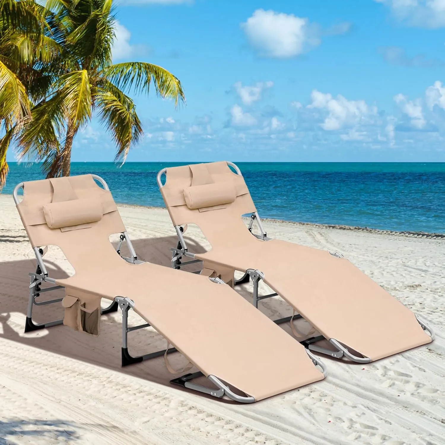 Giantex Tanning Chair, 330lbs Portable Lounge Chair with 5-Position Adjustable Backrest, Face Arm Holes, Side Pocket, Folding Patio Chaise Lounger for Beach, Poolside, Outdoor Sunbathing (1, Beige)