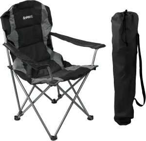 GigaTent Black Folding Camping Chair – Ultra Lightweight Collapsible Quad Padded Lawn Seat with Full Back, Arm Rests, Cup Holder and Shoulder Strap Carrying Bag - Powder Coated Steel Frame