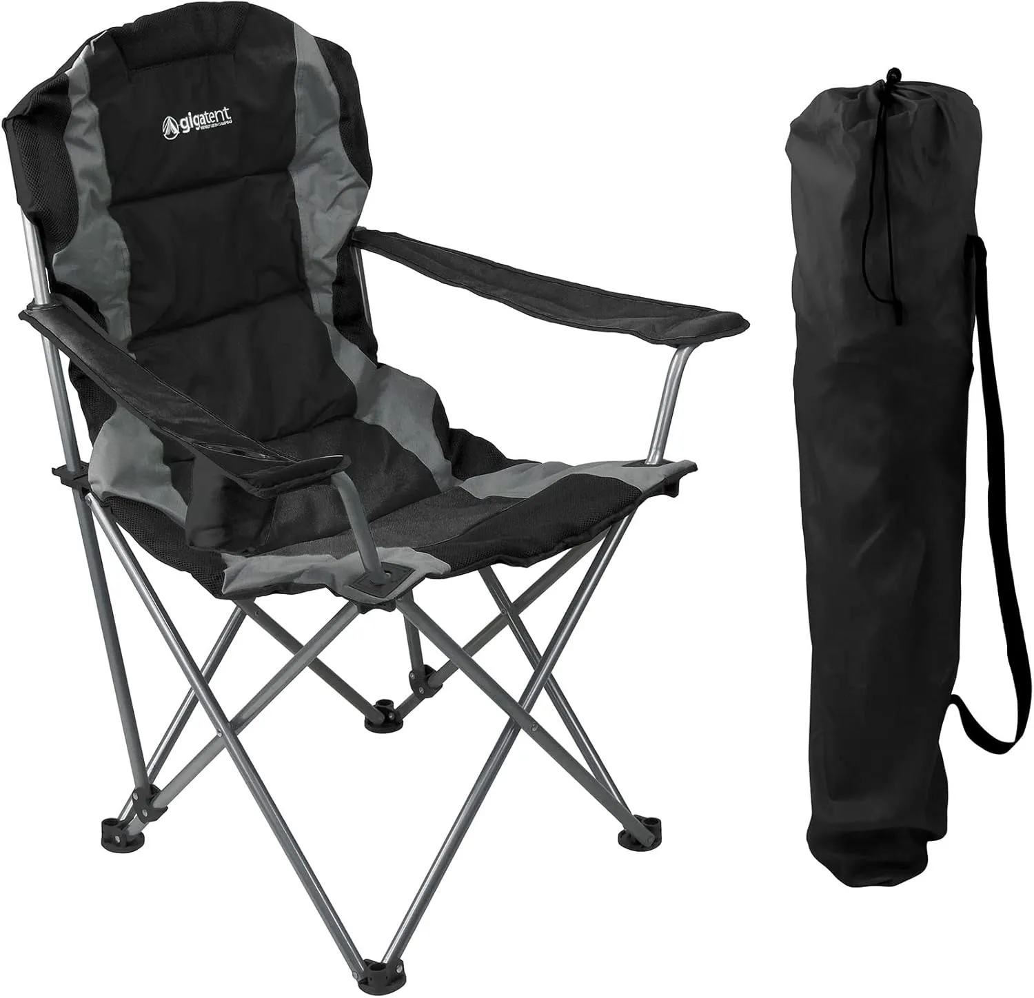 GigaTent Black Folding Camping Chair – Ultra Lightweight Collapsible Quad Padded Lawn Seat with Full Back, Arm Rests, Cup Holder and Shoulder Strap Carrying Bag - Powder Coated Steel Frame