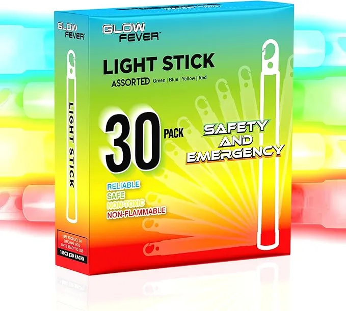 Glow Fever Emergency Safety Military Grade 6'' Lightsticks, Light Up Ultra Bright Glow Sticks with 12 Hours Duration. for Hiking Party Camping Blackouts Hurricane Shelter Survival Kit (Mixed, 30PCS)