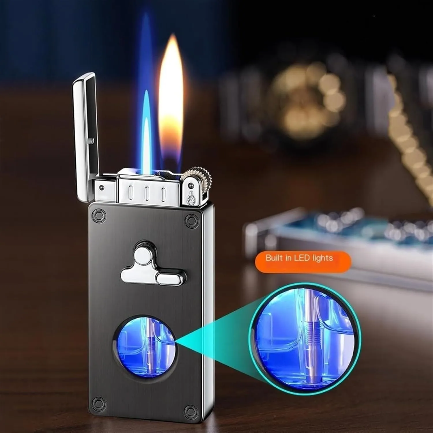 Glow in The Dark Dual Flame Metal Butane Lighters, Antique Rocker Arm Jet Flame Windproof, Vintage Grinding Wheel Adjustable Flame, Refillable Gas Portable Lighter (No Fuel Included)(Black3)