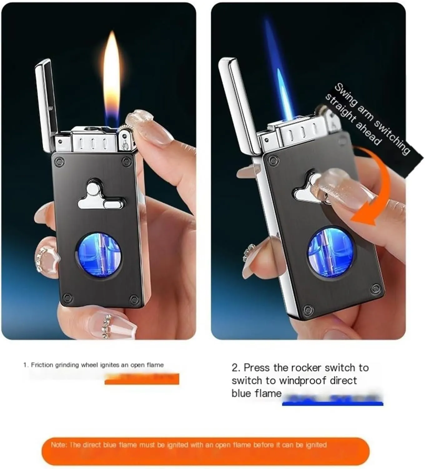 Glow in The Dark Dual Flame Metal Butane Lighters, Antique Rocker Arm Jet Flame Windproof, Vintage Grinding Wheel Adjustable Flame, Refillable Gas Portable Lighter (No Fuel Included)(Black3)