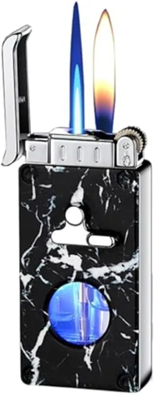 Glow in The Dark Dual Flame Metal Butane Lighters, Antique Rocker Arm Jet Flame Windproof, Vintage Grinding Wheel Adjustable Flame, Refillable Gas Portable Lighter (No Fuel Included)(Black3)