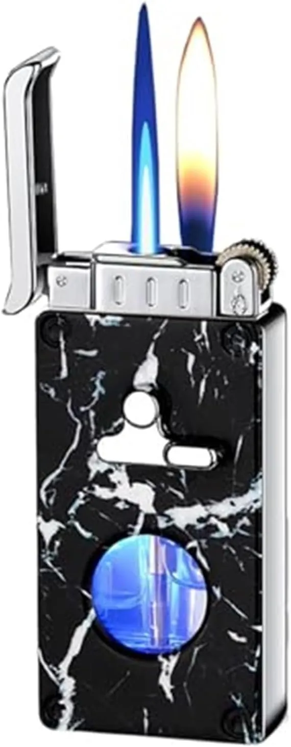 Glow in The Dark Dual Flame Metal Butane Lighters, Antique Rocker Arm Jet Flame Windproof, Vintage Grinding Wheel Adjustable Flame, Refillable Gas Portable Lighter (No Fuel Included)(Black3)