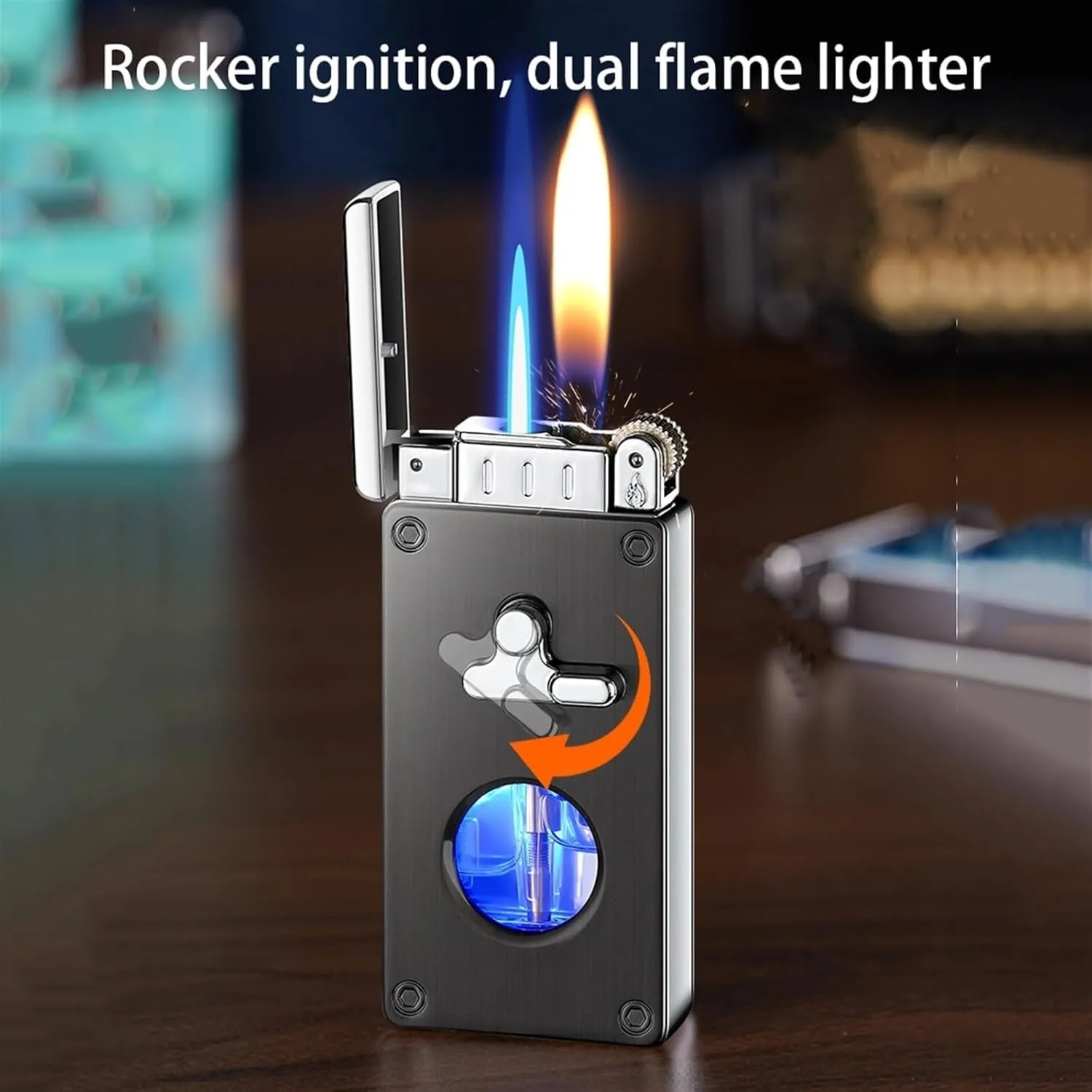 Glow in The Dark Dual Flame Metal Butane Lighters, Antique Rocker Arm Jet Flame Windproof, Vintage Grinding Wheel Adjustable Flame, Refillable Gas Portable Lighter (No Fuel Included)(Black3)