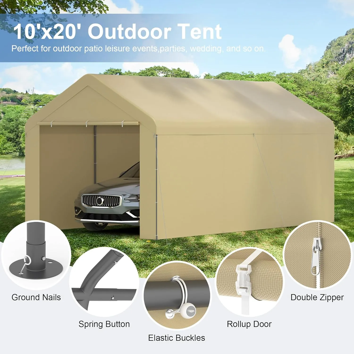 GOJOOASIS Carport 10x20 Car Ports Heavy Duty Outdoor Car Canopy Shelter Storage Tent Portable Garage with UV Protection, Waterproof & Rust-Proof, Easy Assembly for Cars, Trucks, Vehicles (Beige)