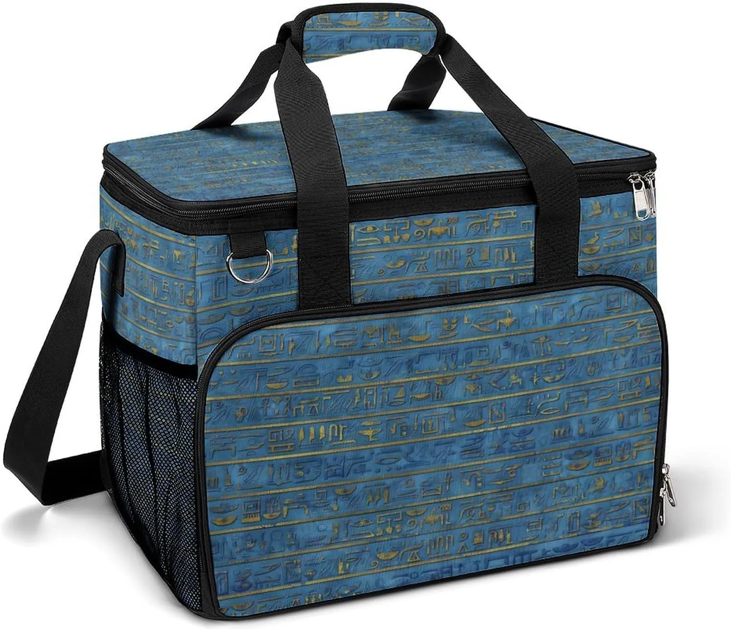 Gold Blue Egyptian Egypt Hieroglyphs Cooler Bag, Collapsible Soft Sided Cooler, Large Leakproof Camping Cooler, Portable Travel Cooler for Camping, Road Trips