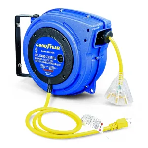 GOODYEAR Extension Cord Reel Extra Long 40 ft 14AWG 3C SJTOW, Triple Tap Connector, Heavy Duty, Slow Retraction Stop At Any Point