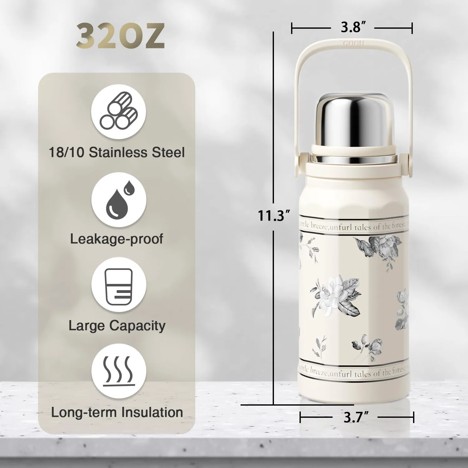 GOOM The Grip 32 oz Water Bottles for Hot and Cold Drinks,7-Layer Insulation,18/10 Stainless Steel Insulated Water Bottle with Lid, Carrying Strap,Strainer,Wide Mouth - Floral White