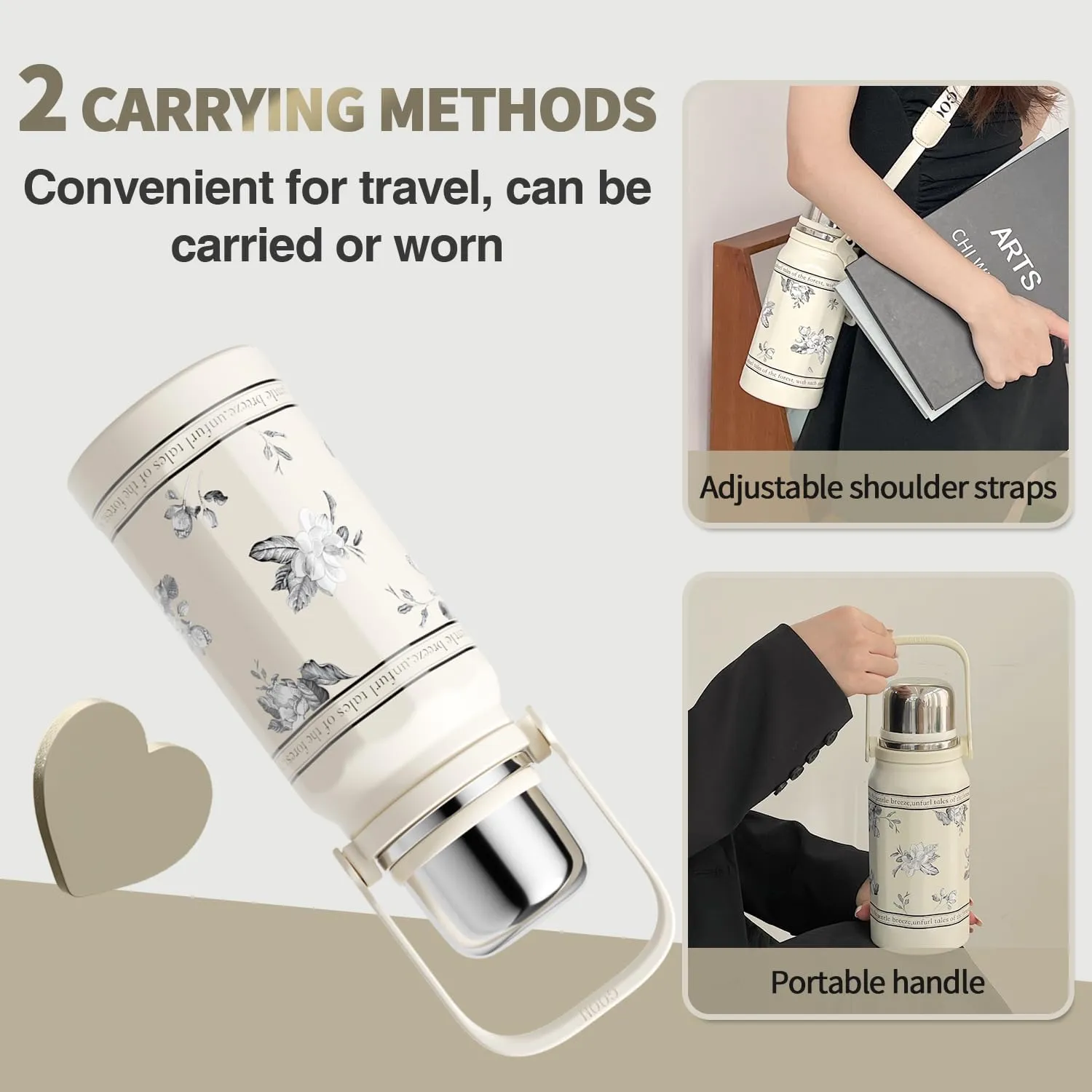 GOOM The Grip 32 oz Water Bottles for Hot and Cold Drinks,7-Layer Insulation,18/10 Stainless Steel Insulated Water Bottle with Lid, Carrying Strap,Strainer,Wide Mouth - Floral White