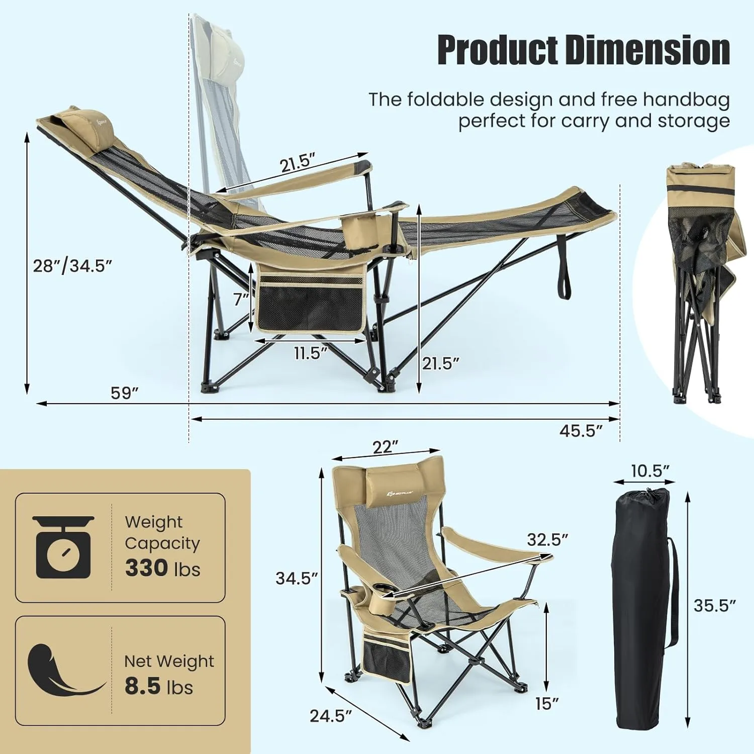 Goplus Reclining Camping Chair with Foot Rest, Folding Lounge Chair for Adults, w/Adjustable Backrest, Storage Bag & Cup Holder, Portable Recliner Beach Chair Outdoor Camp Picnics, 330 LBS (1, Khaki)