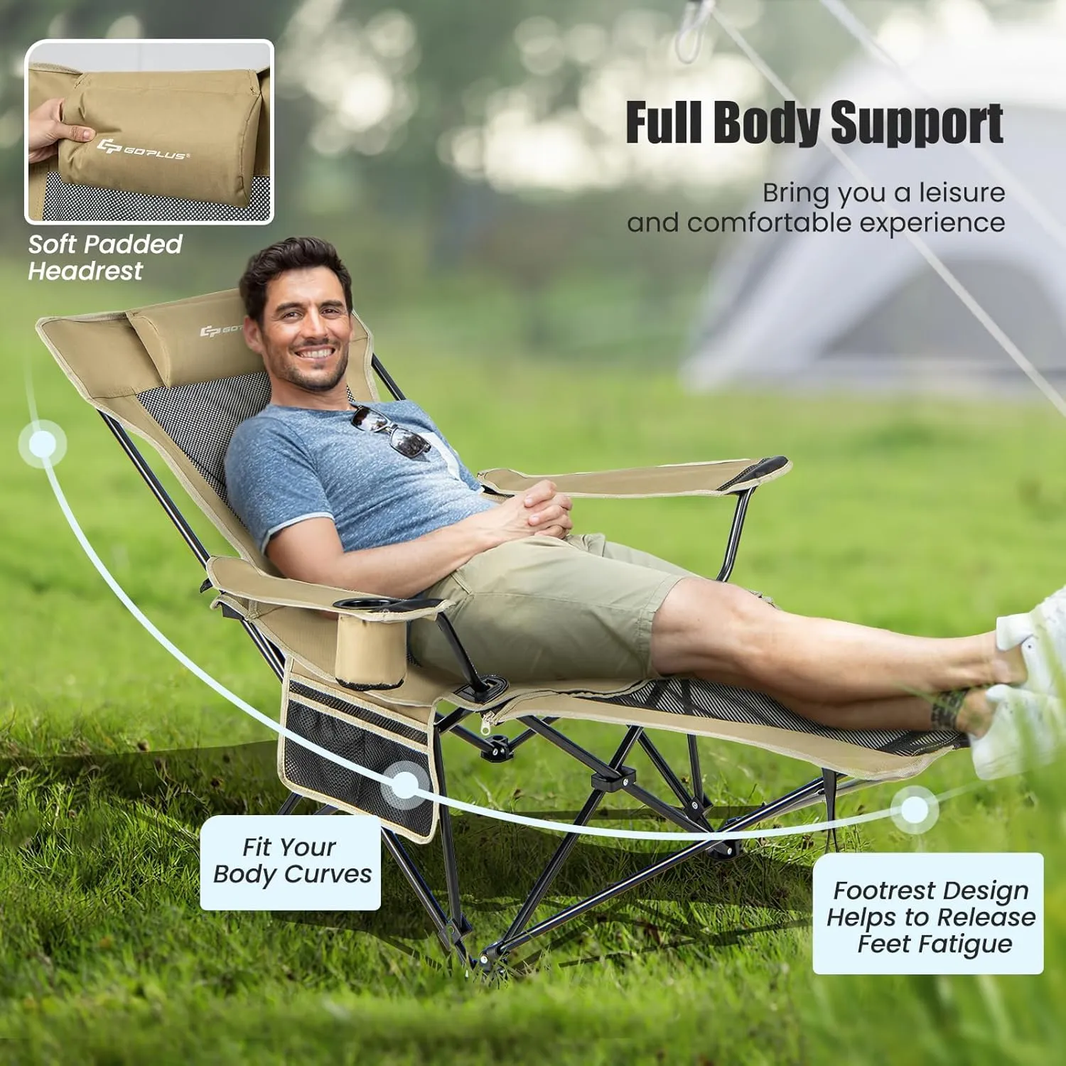 Goplus Reclining Camping Chair with Foot Rest, Folding Lounge Chair for Adults, w/Adjustable Backrest, Storage Bag & Cup Holder, Portable Recliner Beach Chair Outdoor Camp Picnics, 330 LBS (1, Khaki)
