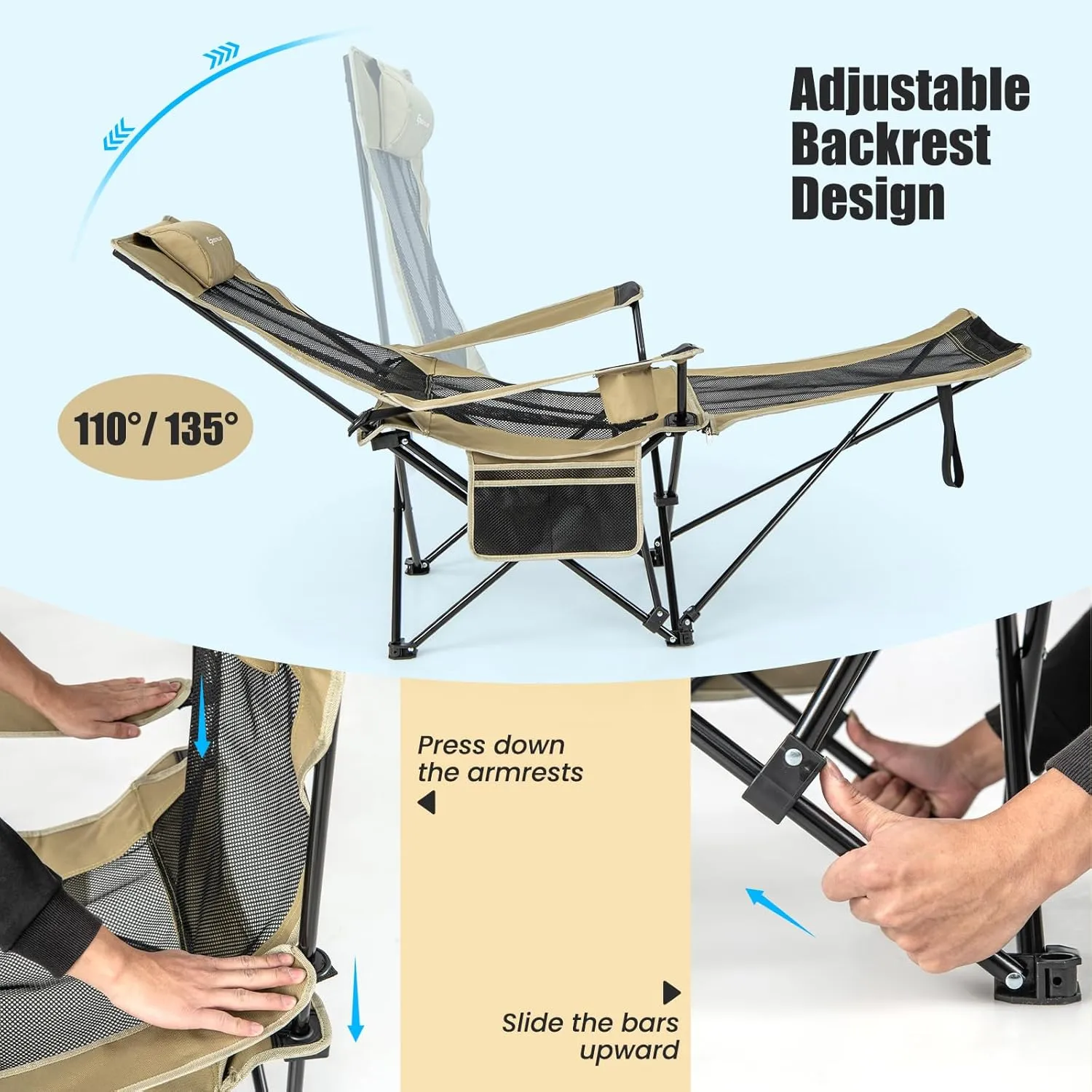Goplus Reclining Camping Chair with Foot Rest, Folding Lounge Chair for Adults, w/Adjustable Backrest, Storage Bag & Cup Holder, Portable Recliner Beach Chair Outdoor Camp Picnics, 330 LBS (1, Khaki)