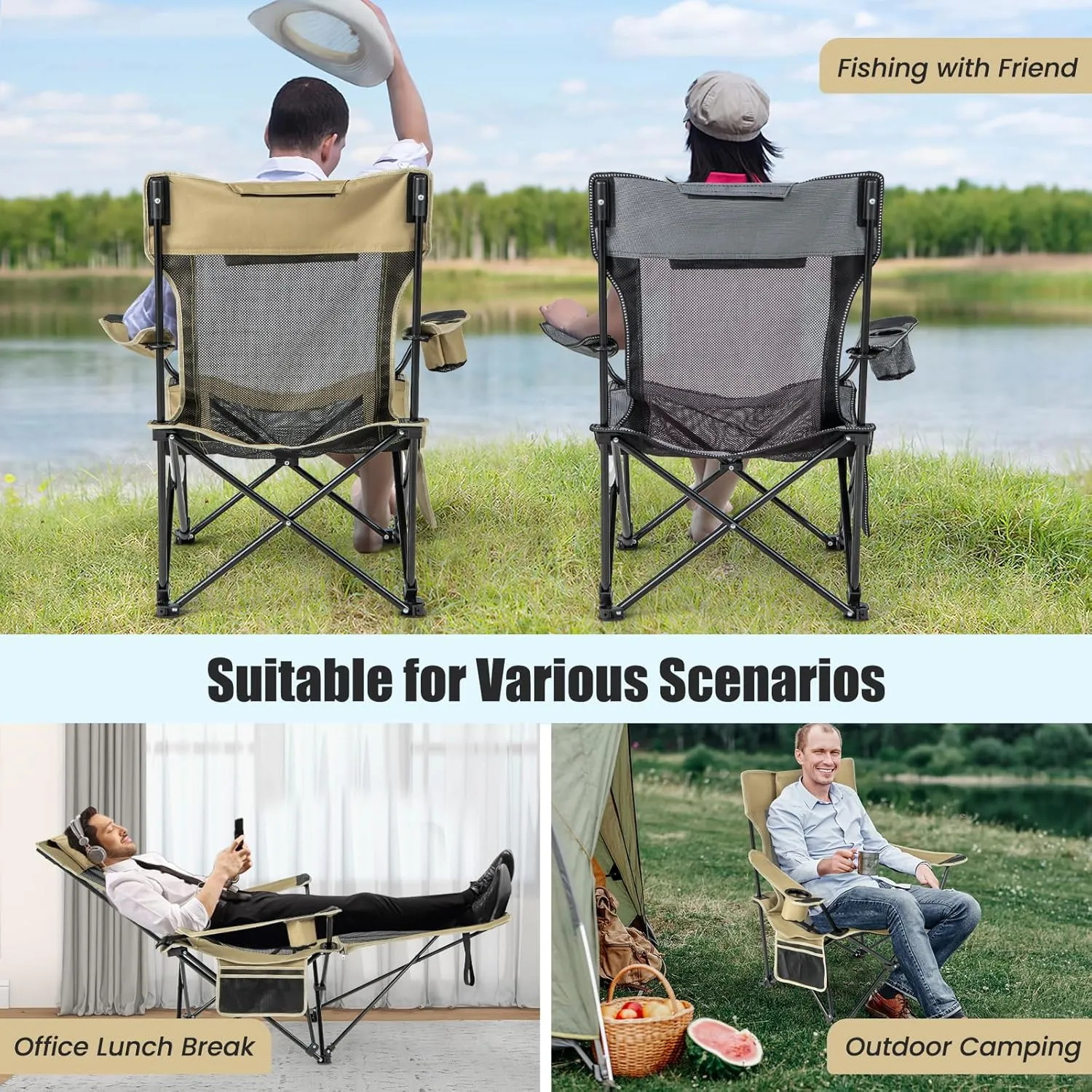 Goplus Reclining Camping Chair with Foot Rest, Folding Lounge Chair for Adults, w/Adjustable Backrest, Storage Bag & Cup Holder, Portable Recliner Beach Chair Outdoor Camp Picnics, 330 LBS (1, Khaki)