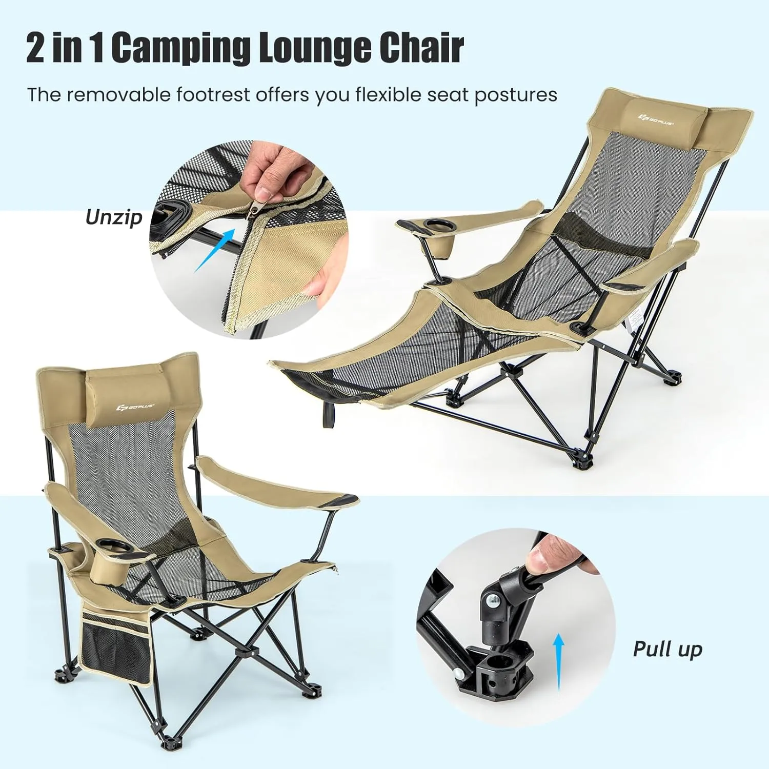 Goplus Reclining Camping Chair with Foot Rest, Folding Lounge Chair for Adults, w/Adjustable Backrest, Storage Bag & Cup Holder, Portable Recliner Beach Chair Outdoor Camp Picnics, 330 LBS (1, Khaki)