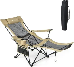 Goplus Reclining Camping Chair with Foot Rest, Folding Lounge Chair for Adults, w/Adjustable Backrest, Storage Bag & Cup Holder, Portable Recliner Beach Chair Outdoor Camp Picnics, 330 LBS (1, Khaki)