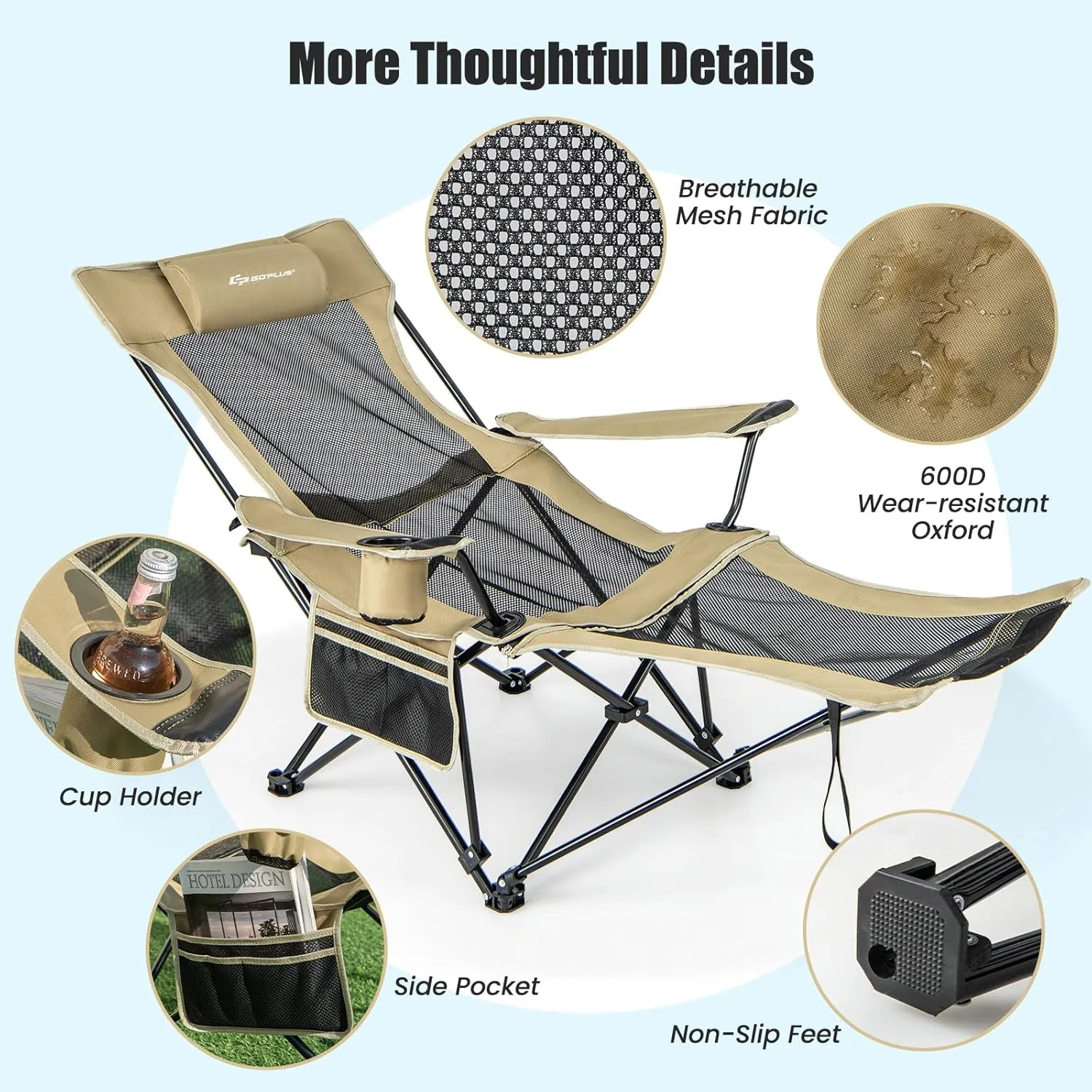 Goplus Reclining Camping Chair with Foot Rest, Folding Lounge Chair for Adults, w/Adjustable Backrest, Storage Bag & Cup Holder, Portable Recliner Beach Chair Outdoor Camp Picnics, 330 LBS (1, Khaki)