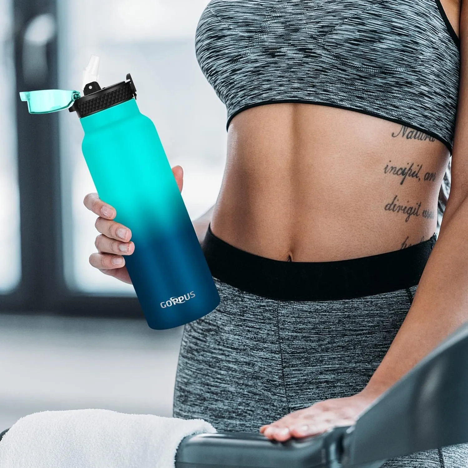 GOPPUS 24 oz Insulated Water Bottle With Straw Stainless Steel Sports Water Cup Flask with 3 Lids (Straw, Spout and Handle Lid) Wide Mouth Metal Water bottles for Men Women (Green Blue)