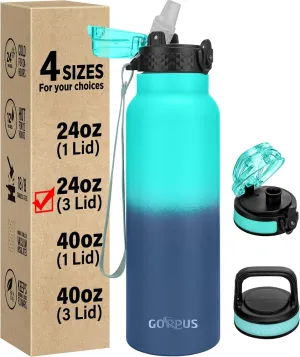 GOPPUS 24 oz Insulated Water Bottle With Straw Stainless Steel Sports Water Cup Flask with 3 Lids (Straw, Spout and Handle Lid) Wide Mouth Metal Water bottles for Men Women (Green Blue)