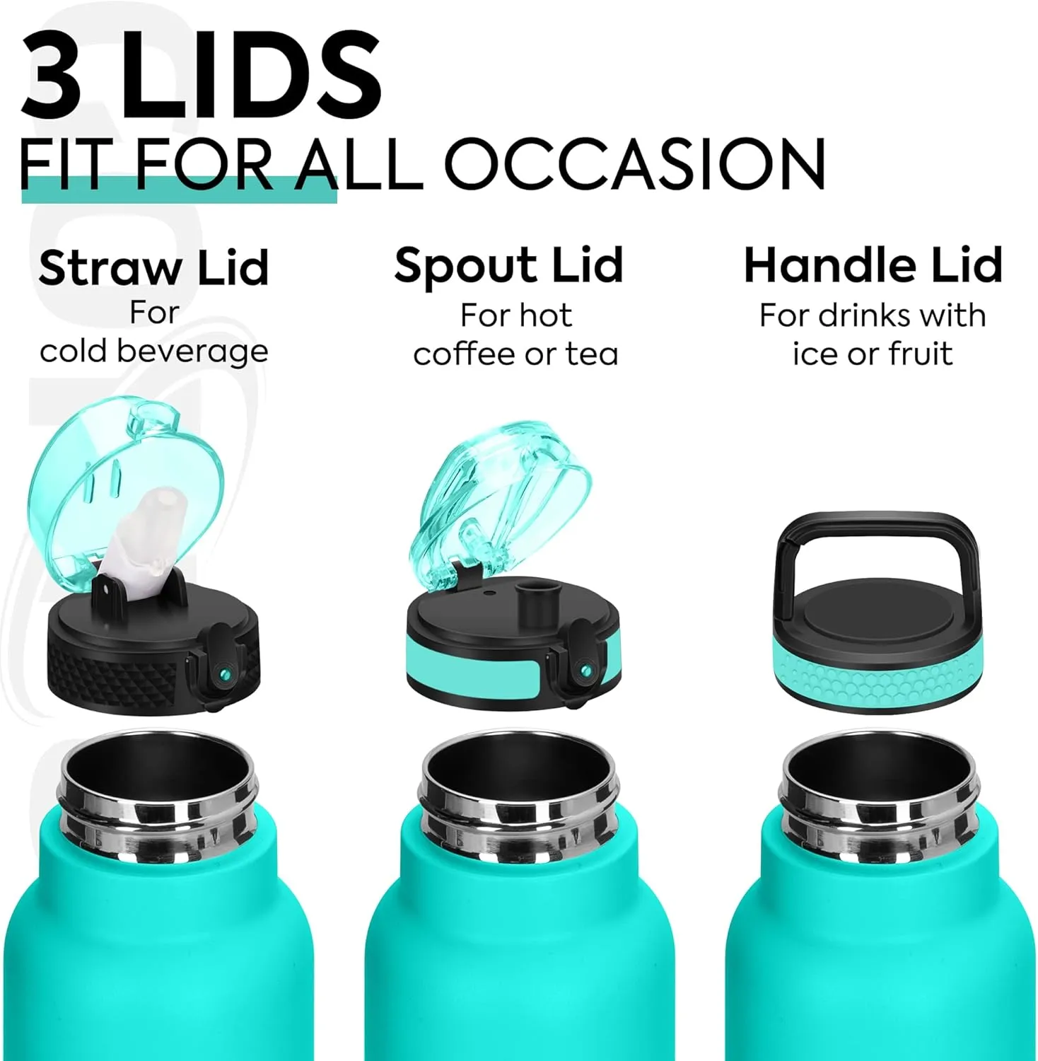 GOPPUS 24 oz Insulated Water Bottle With Straw Stainless Steel Sports Water Cup Flask with 3 Lids (Straw, Spout and Handle Lid) Wide Mouth Metal Water bottles for Men Women (Green Blue)