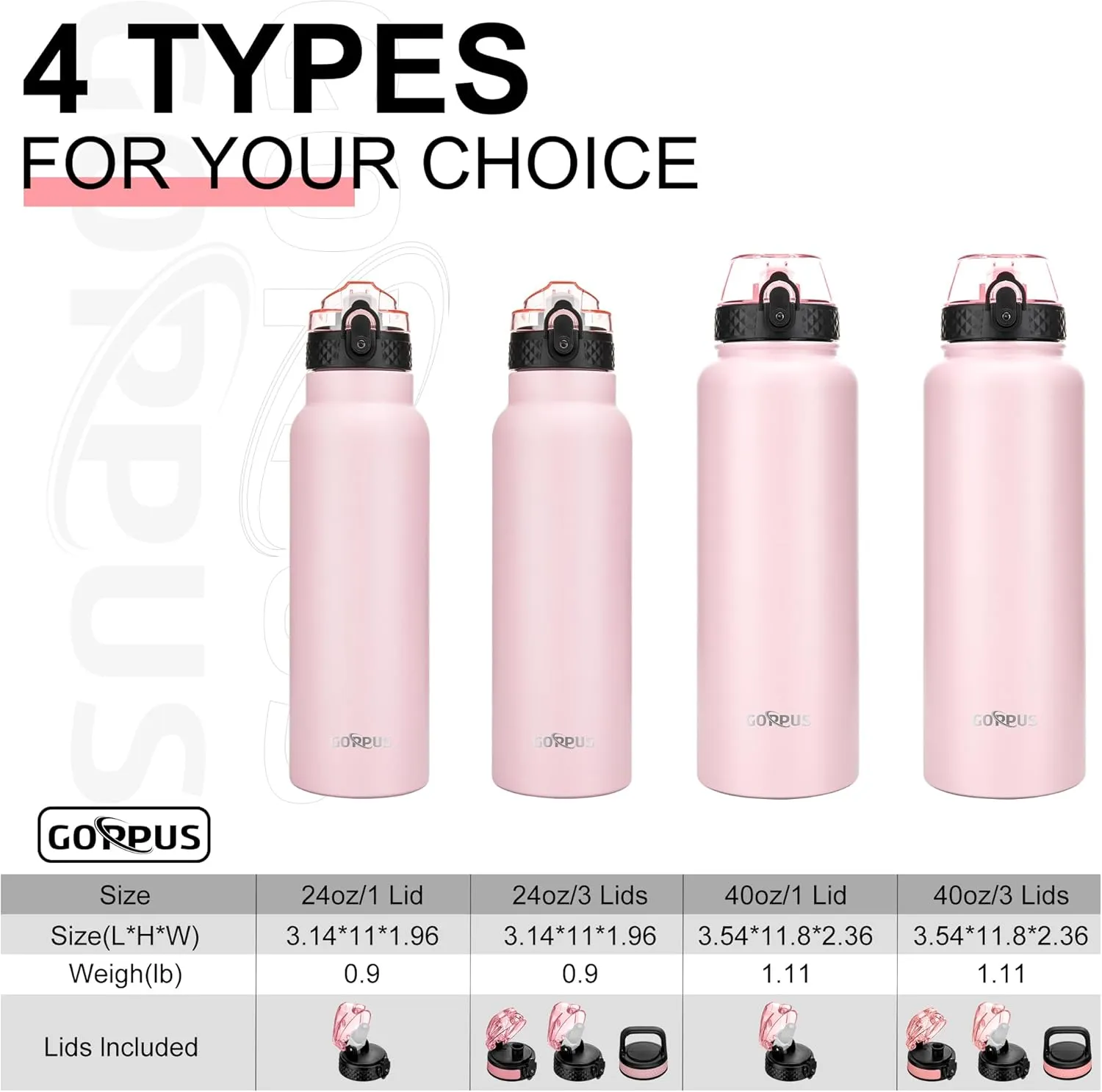 GOPPUS 40 oz Insulated Water Bottle With Straw Stainless Steel Sports Flask with 3 Lids (Straw, Spout and Handle Lid) Wide Mouth Metal Water bottles Keep Hot and Cold for Men Women (Pink)