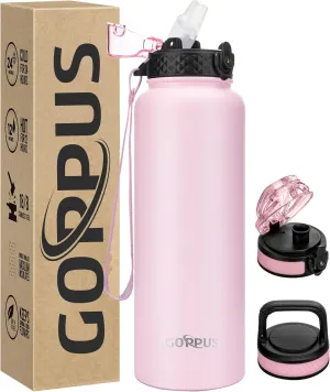 GOPPUS 40 oz Insulated Water Bottle With Straw Stainless Steel Sports Flask with 3 Lids (Straw, Spout and Handle Lid) Wide Mouth Metal Water bottles Keep Hot and Cold for Men Women (Pink)