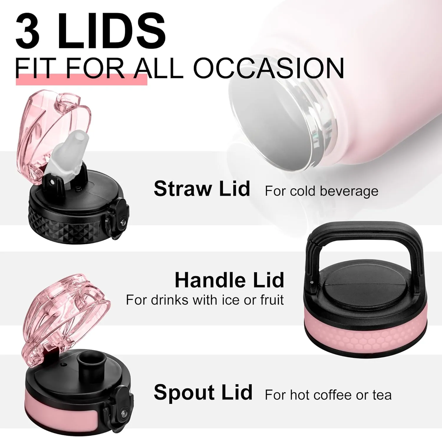 GOPPUS 40 oz Insulated Water Bottle With Straw Stainless Steel Sports Flask with 3 Lids (Straw, Spout and Handle Lid) Wide Mouth Metal Water bottles Keep Hot and Cold for Men Women (Pink)