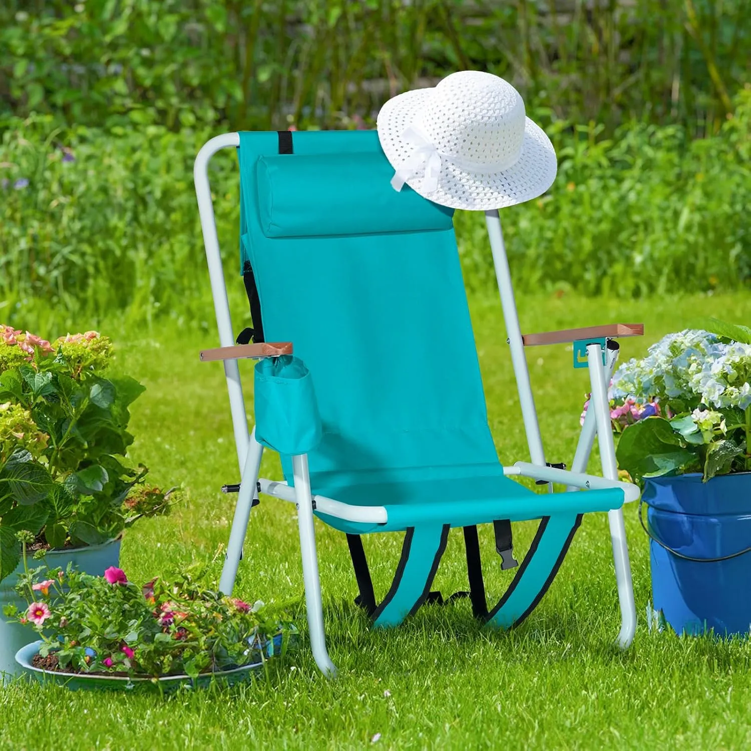 Goujxcy Modern Green Oxford Foldable Beach Chair with 4 Reclining Positions, Wooden Armrests, Headrest, Cup Holder, Portable, Lightweight, 265 lbs Capacity