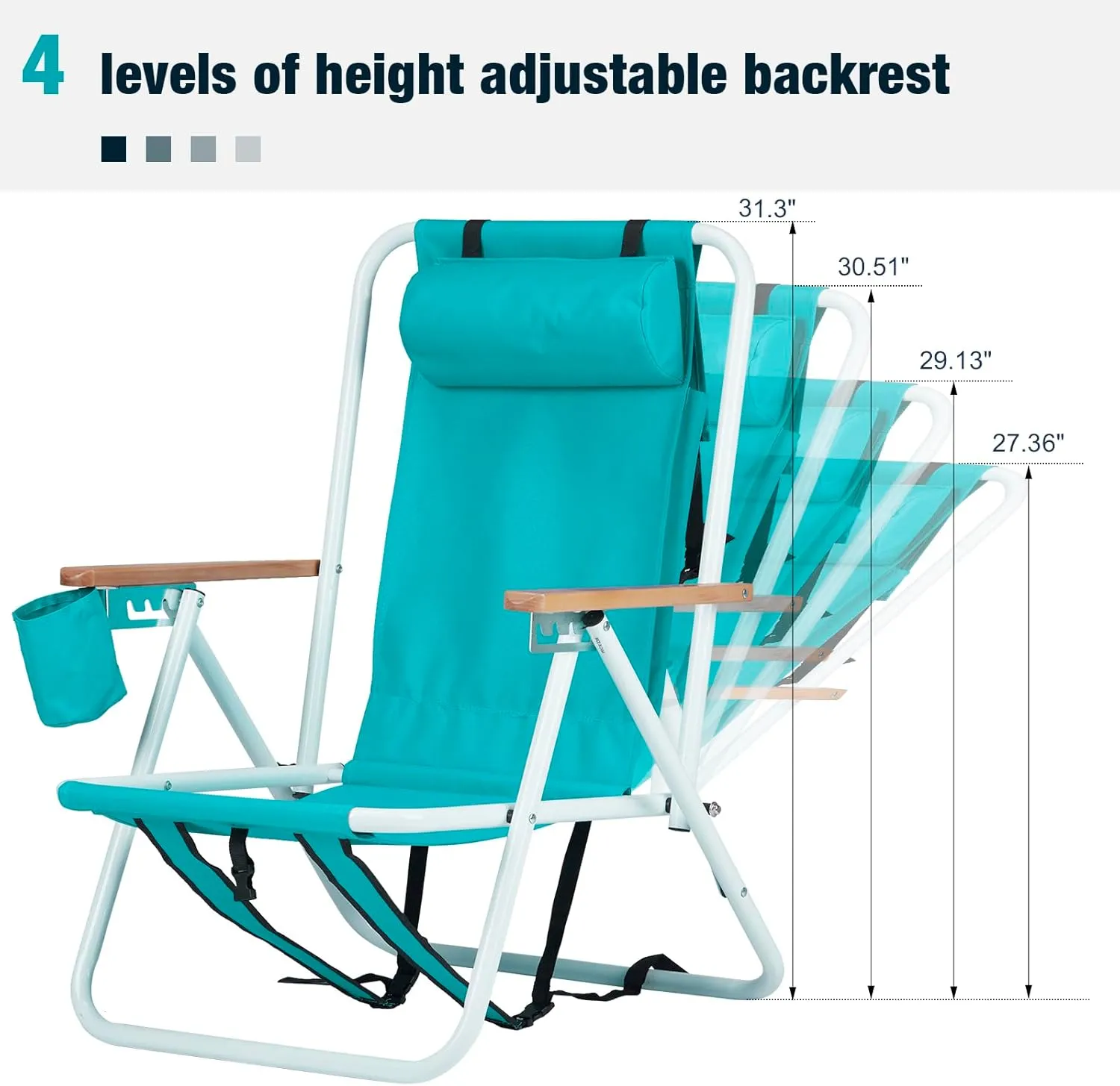 Goujxcy Modern Green Oxford Foldable Beach Chair with 4 Reclining Positions, Wooden Armrests, Headrest, Cup Holder, Portable, Lightweight, 265 lbs Capacity