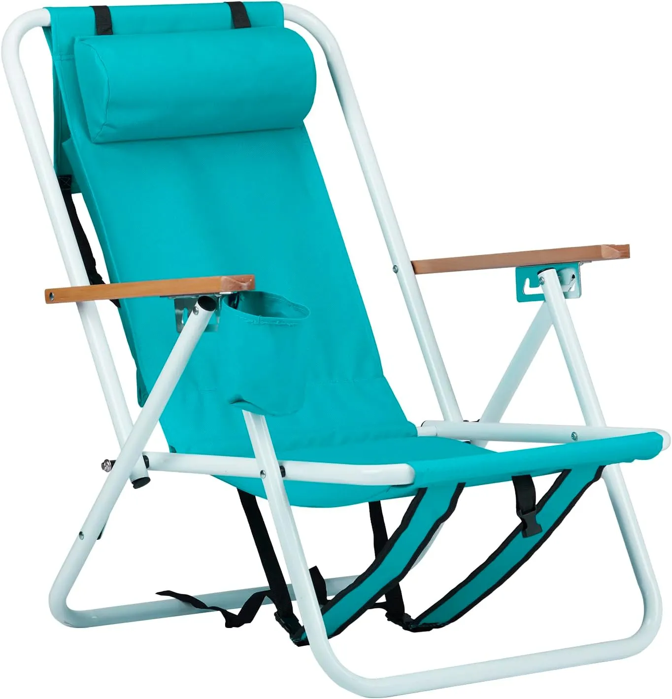 Goujxcy Modern Green Oxford Foldable Beach Chair with 4 Reclining Positions, Wooden Armrests, Headrest, Cup Holder, Portable, Lightweight, 265 lbs Capacity